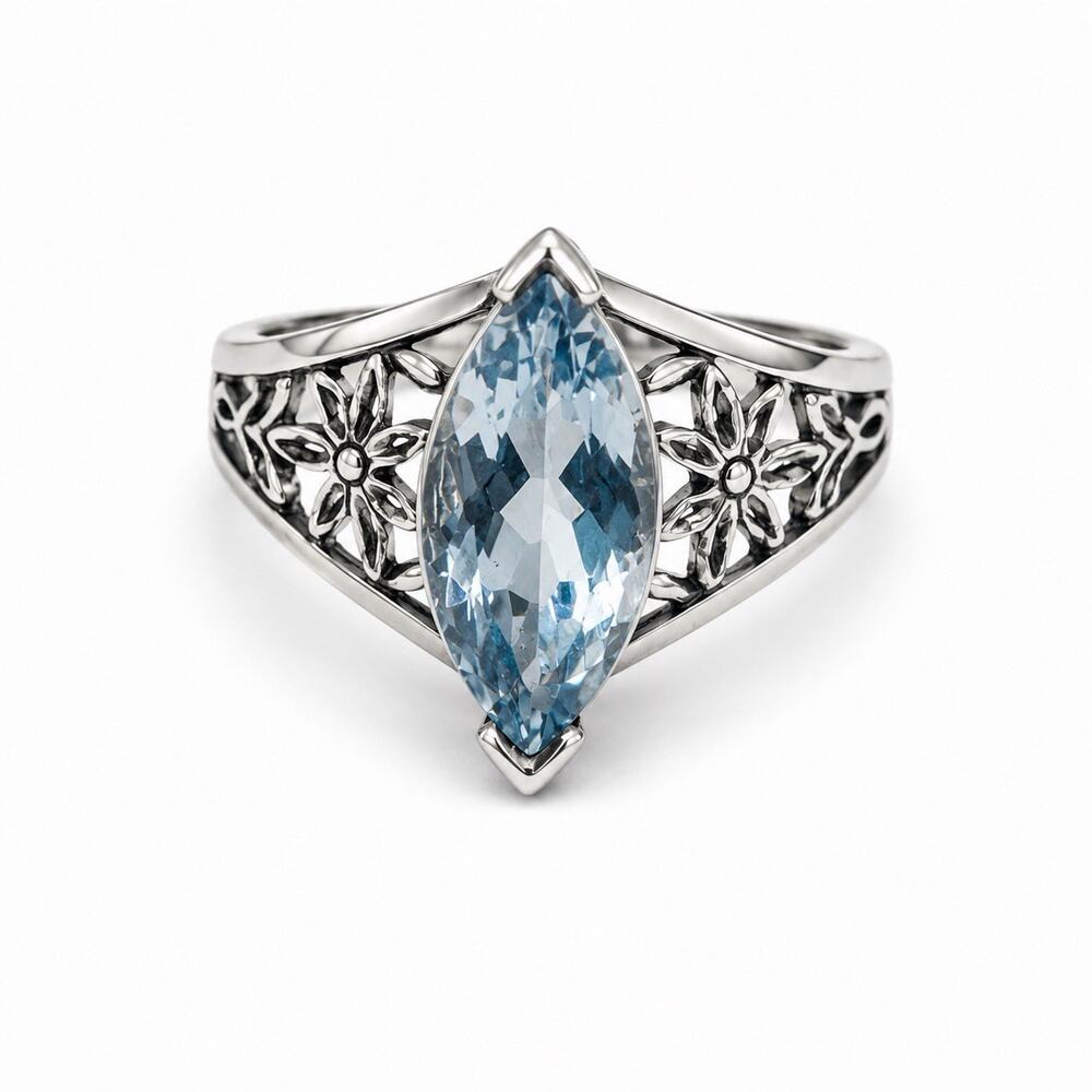 Flowers 925 Sterling Silver Blue Topaz Marquise Ring Size 6